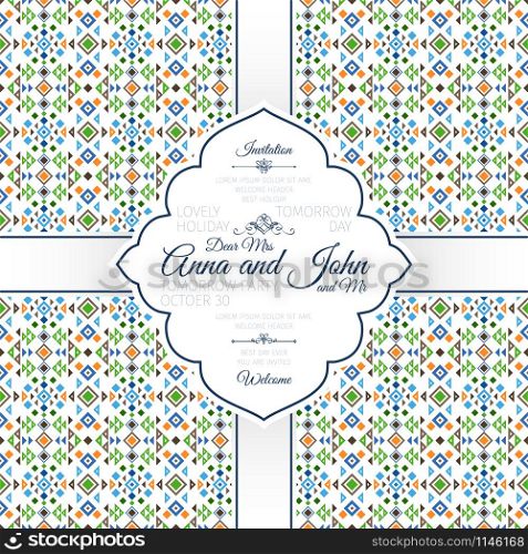 Invitation template card with geometric mosaic pattern, vector illustration. Card with geometric mosaic pattern