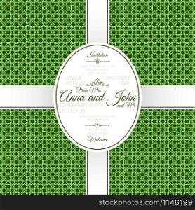 Invitation template card with green arabic geometric pattern, vector illustration. Card with green arabic geometric pattern