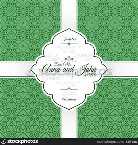 Invitation template card with green decorative pattern with linear swirls, vector illustration. Card with green linear swirls pattern