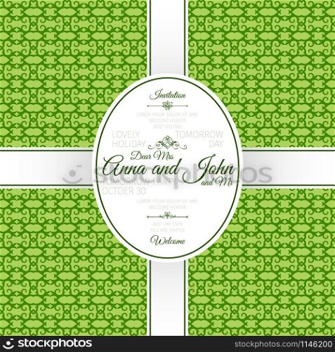 Invitation template card with green geometric pattern, vector illustration. Invitation card with green geometric pattern