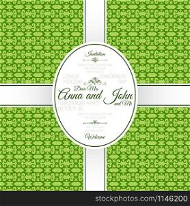 Invitation template card with green geometric pattern, vector illustration. Invitation card with green geometric pattern