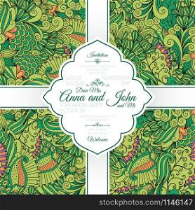 Invitation template card with green leaves and swirls ornamental pattern, vector illustration. Green leaves and swirls pattern card