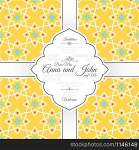 Invitation template card with islamic yellow pattern, vector illustration. Invitation card with islamic yellow pattern