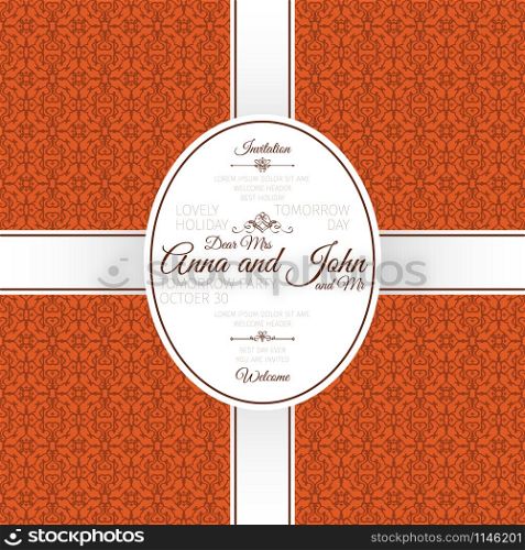 Invitation template card with orange arabic pattern, vector illustration. Invitation card with orange arabic pattern