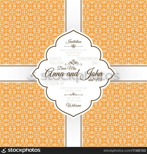 Invitation template card with orange vintage linear arabic style ornamental pattern, vector illustration. Orange vintage linear arabic pattern card