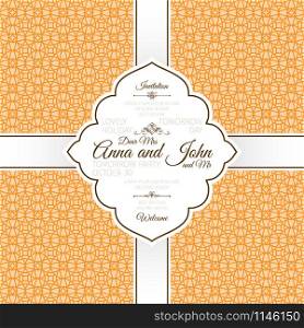Invitation template card with orange vintage linear arabic style ornamental pattern, vector illustration. Orange vintage linear arabic pattern card