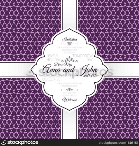 Invitation template card with purple geometric pattern with linear elements, vector illustration. Invitation card with purple geometric pattern