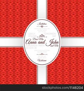 Invitation template card with red arabic pattern, vector illustration. Invitation card with red arabic pattern