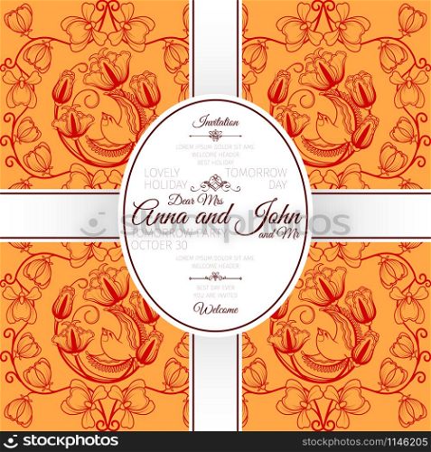 Invitation template card with red chinese birds and flowers pattern, vector illustration. Chinese birds and flowers pattern card