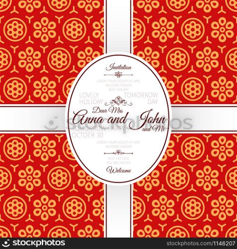 Invitation template card with red chinese pattern, vector illustration. Invitation card with red chinese pattern