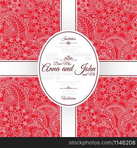 Invitation template card with red indian paisley pattern, vector illustration. Card with red indian paisley pattern