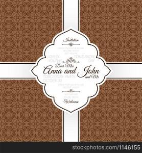 Invitation template card with vintage brown swirl oriental decorative pattern, vector illustration. Vntage brown swirl oriental pattern card