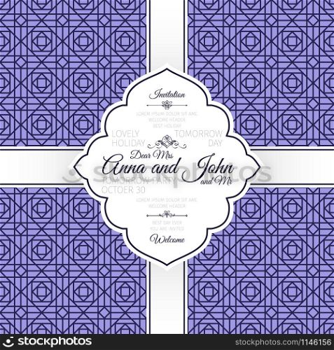 Invitation template card with vintage purple geometric pattern, vector illustration. Card with vintage purple geometric pattern