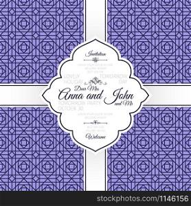Invitation template card with vintage purple geometric pattern, vector illustration. Card with vintage purple geometric pattern