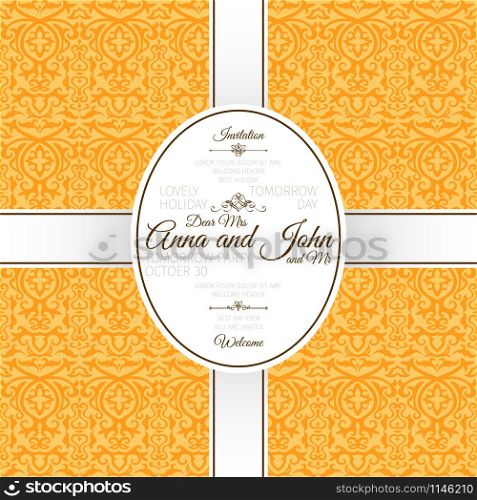 Invitation template card with yellow arabic pattern, vector illustration. Invitation card with yellow arabic pattern