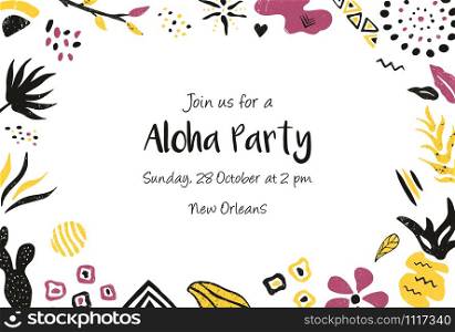 Invitation template, horizontal banner, greeting card with floral and ethnical elements. For baby shower, birthday celebration, party. Design, card with floral elements for invitation