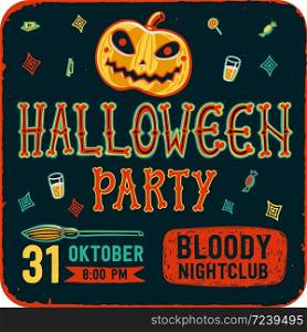 Invitation to Halloween night party. Vintage card with pumpkins on dark background. Vector template. Halloween party invitation card. Halloween flyer with text Halloween party on grunge texture Vector. Invitation to Halloween night party. Vintage card with pumpkins on dark background. Vector template. Halloween party invitation card. Halloween flyer with text Halloween party on grunge texture