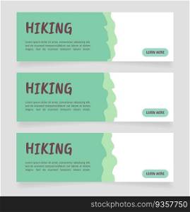 Invitation to hiking web banner design template. Vector flyer with text space. Advertising placard with customized copyspace. Printable poster for advertising. Caveat Brush, Calibri fonts used. Invitation to hiking web banner design template