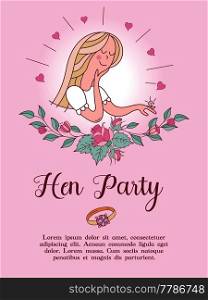 Invitation to the bachelorette party before the wedding. Charming vector illustration. Beautiful girl with a ring on her finger. Beautiful flower wreath of roses.  Romantic card.