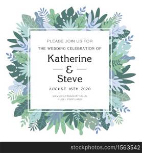 Invitation tropical leaves, plants and herbs background in madern flat style. Frame template for cards, posters, banners