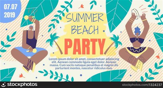 Invitation with Inscription Summer Beach Party. Man and Woman Play Musical Instruments. Guy Plays Maracas, Girl Beats Tambourine. Beach Party Invitation Poster. Vector Illustration.