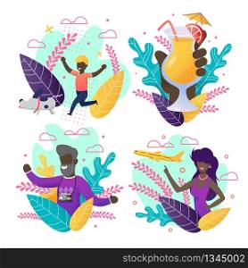 Invitation with Summer Set. Cartoon Afro-American People on Greeting Cards. Vector Black Woman, Man and Children Enjoy Summertime and Vacation. Hand with Tropical Drink. Flat Illustration. Afro-American People on Greeting Invitation Set