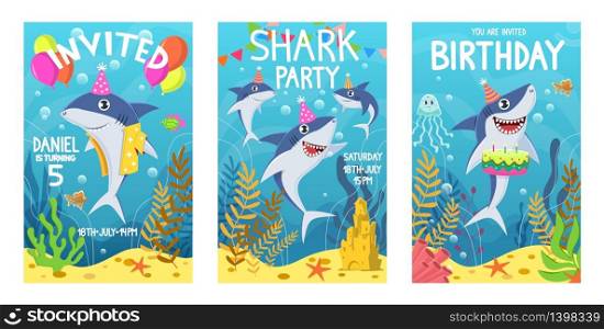 Invitations card with cute sharks. Color greeting card, undersea world animals. Shark, seaweed and fish kids party cartoon vector birthday poster. Invitations card with cute sharks. Color greeting card, undersea world animals. Shark, seaweed and fish kids party cartoon vector poster
