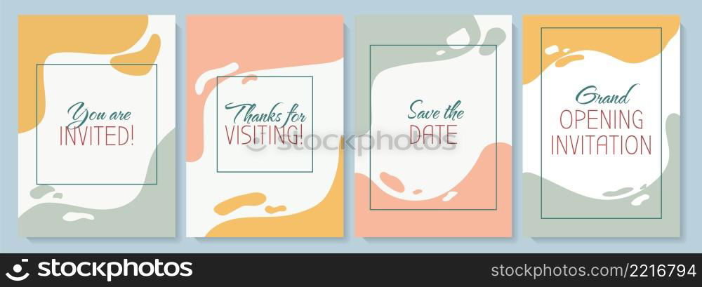 Invitations greeting card with color icon element set. Invite to formal occasion. Postcard vector design. Decorative flyer with creative illustration. Notecard with congratulatory message. Invitations greeting card with color icon element set