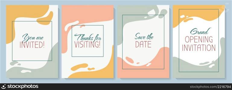 Invitations greeting card with color icon element set. Invite to formal occasion. Postcard vector design. Decorative flyer with creative illustration. Notecard with congratulatory message. Invitations greeting card with color icon element set