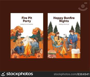 Invite card template with bonfire party concept,watercolor style
