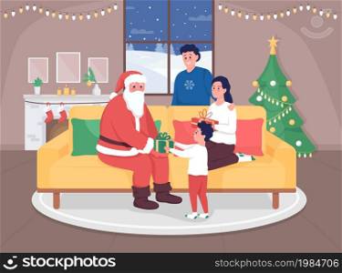 Invite Santa home flat color vector illustration. Parents with child receiving present for Christmas. Winter holiday celebration. Happy family 2D cartoon characters with festive interior on background. Invite Santa home flat color vector illustration