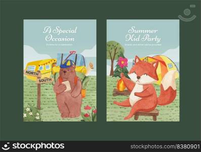Invited card template with animal c&ing summer concept,watercolor style  