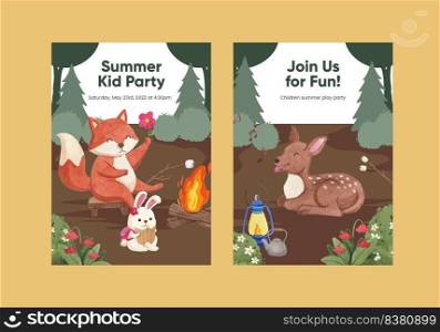 Invited card template with animal camping summer concept,watercolor style

