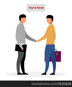 Inviting new employee flat vector illustration. HR expert hiring applicant for vacancy. Cartoon recruiting agent informing jobseeker about employment decision. Handshake after successful interview