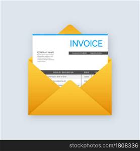 Invoice icon vector, email message received with bill document, flat style open envelope with invoice paper blank.. Invoice icon vector, email message received with bill document, flat style open envelope with invoice paper blank