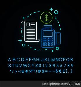 Invoice neon light concept icon. Money transaction idea. Cashless payment. Price list. Glowing sign with alphabet, numbers and symbols. Vector isolated illustration. Invoice neon light concept icon