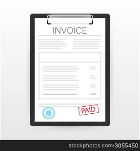 Invoice with paid stamp in clipboard. Vector stock illustration. Invoice with paid stamp in clipboard. Vector stock illustration.