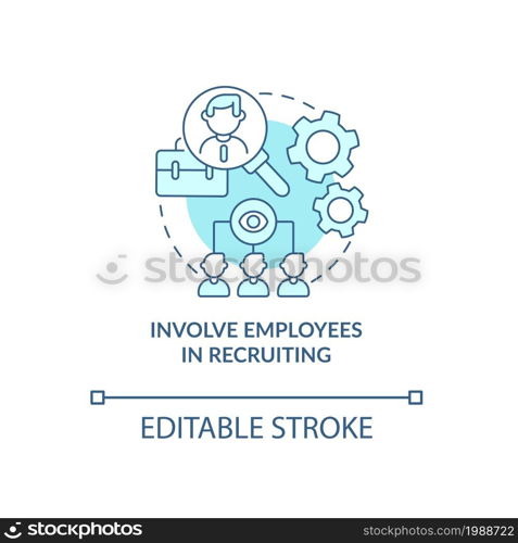 Involve employees in recruiting blue concept icon. Attracting top talents abstract idea thin line illustration. Referral program for employees. Vector isolated outline color drawing. Editable stroke. Involve employees in recruiting blue concept icon