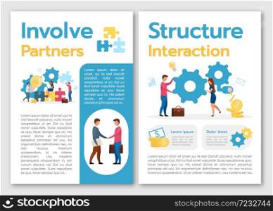 Involve partners brochure template. Structure interaction. Flyer, booklet, leaflet concept with flat illustrations. Vector page cartoon layout for magazine. advertising invitation with text space. Involve partners brochure template