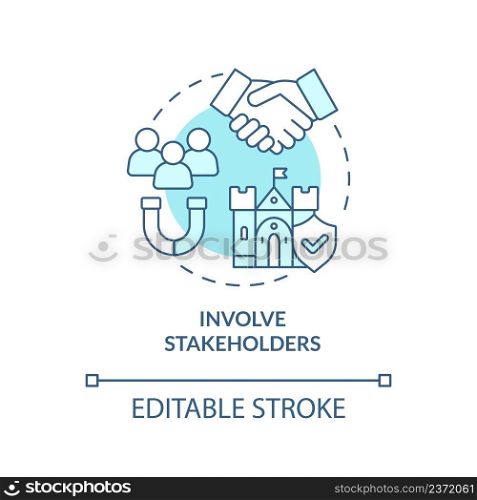 Involve stakeholders turquoise concept icon. Principle of heritage conservation abstract idea thin line illustration. Isolated outline drawing. Editable stroke. Arial, Myriad Pro-Bold fonts used. Involve stakeholders turquoise concept icon
