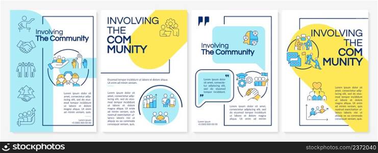 Involving community blue and yellow brochure template. Social planning. Leaflet design with linear icons. 4 vector layouts for presentation, annual reports. Questrial, Lato-Regular fonts used. Involving community blue and yellow brochure template