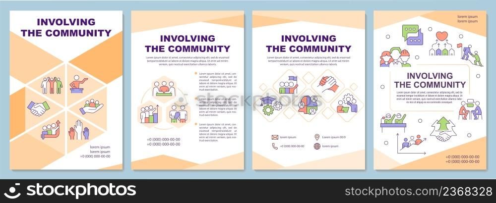 Involving community brochure template. Social planning. Leaflet design with linear icons. 4 vector layouts for presentation, annual reports. Arial-Black, Myriad Pro-Regular fonts used. Involving community brochure template