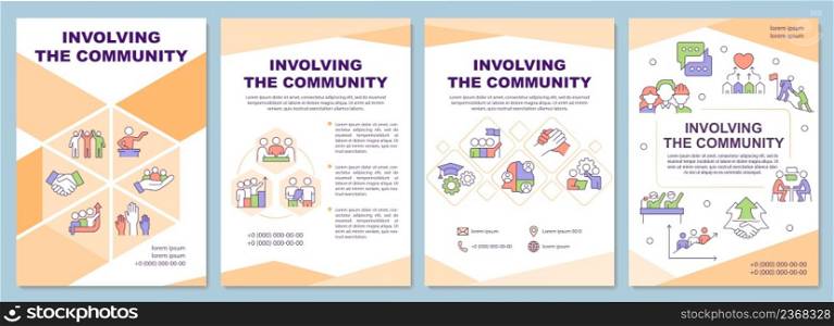 Involving community brochure template. Social planning. Leaflet design with linear icons. 4 vector layouts for presentation, annual reports. Arial-Black, Myriad Pro-Regular fonts used. Involving community brochure template