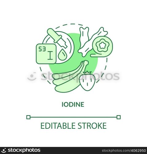Iodine green concept icon. Sea salt and seaweed. Vegan lifestyle. Source of nutrients abstract idea thin line illustration. Isolated outline drawing. Editable stroke. Arial, Myriad Pro-Bold fonts used. Iodine green concept icon