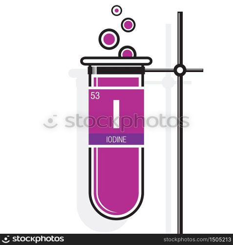 Iodine symbol on label in a magenta test tube with holder. Element number 53 of the Periodic Table of the Elements - Chemistry