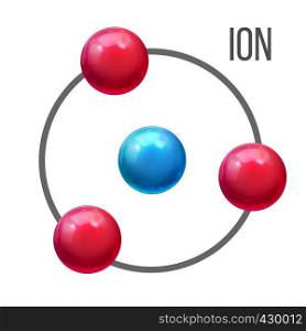 Ion Atom, Molecule Education Vector Poster Template. Positive, Negative Electrical Charge Ion. Electron, Proton, Neutron Clipart. Chemistry Science Banner. Red And Blue Shiny Spheres 3D Illustration. Ion Atom, Molecule Education Vector Poster Template