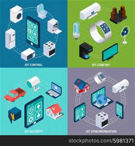 Iot 4 isometric icons square banner . Iot household devices synchronization for comfort and security 4 isometric icons square composition banner abstract vector illustration. Editable EPS and Render in JPG format