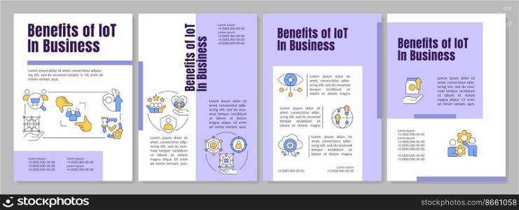 IoT advantages in business purple brochure template. Digital. Leaflet design with linear icons. Editable 4 vector layouts for presentation, annual reports. Anton, Lato-Regular fonts used. IoT advantages in business purple brochure template