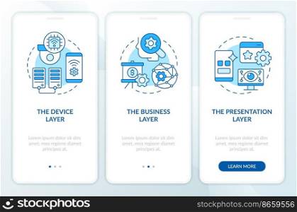 IoT applications technologies blue onboarding mobile app screen. Walkthrough 3 steps editable graphic instructions with linear concepts. UI, UX, GUI template. Myriad Pro-Bold, Regular fonts used. IoT applications technologies blue onboarding mobile app screen