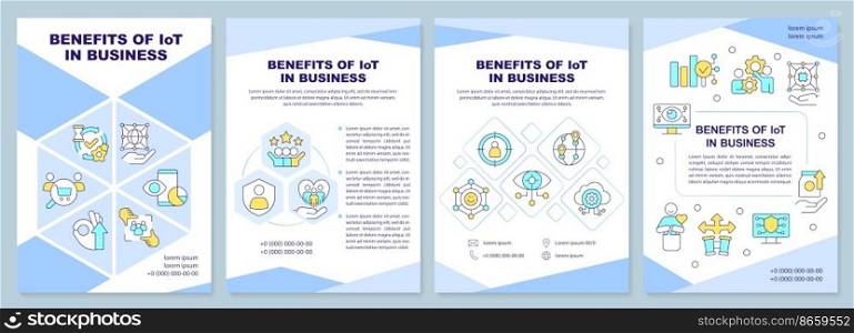 IoT benefits in business blue brochure template. Innovation. Leaflet design with linear icons. Editable 4 vector layouts for presentation, annual reports. Arial-Black, Myriad Pro-Regular fonts used. IoT benefits in business blue brochure template